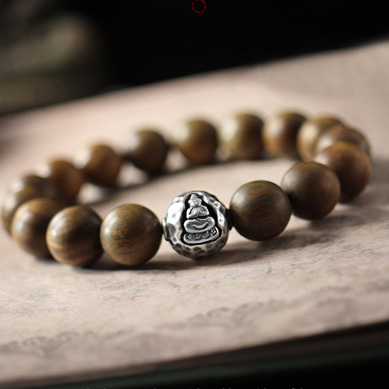 Buddha Stones999 スターリングシルバー グリーンサンダルウッド小葉紫檀ブッダキュアブレスレット