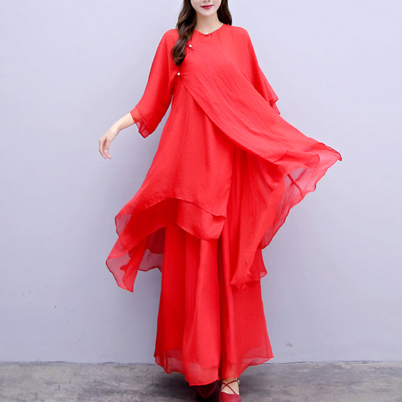 Buddha Stones3点セット ヨガ シフォン 服 ユニフォーム 瞑想 禅 練習 レディース セット - 赤いスーツ（トップス＋パンツ＋サスペンダー） - US6、 UK/AU10、 EU38 (XL) - image 28