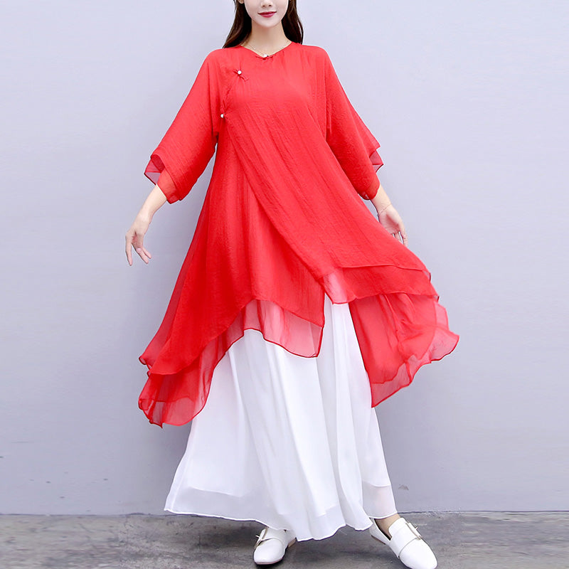 Buddha Stones3点セット ヨガ シフォン 服 ユニフォーム 瞑想 禅 練習 レディース セット - 赤いトップス、白いパンツ、サスペンダー - US6、 UK/AU10、 EU38 (XL) - image 32