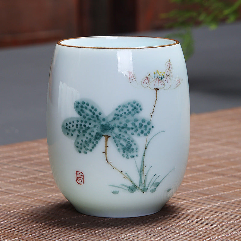 Buddha Stones、鯉、蓮、風景、タンポポ、牡丹、花、陶器のティーカップ、カンフーティーカップ