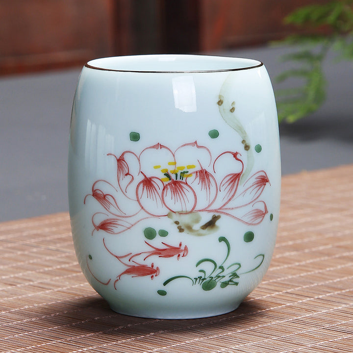 Buddha Stones、鯉、蓮、風景、タンポポ、牡丹、花、陶器のティーカップ、カンフーティーカップ