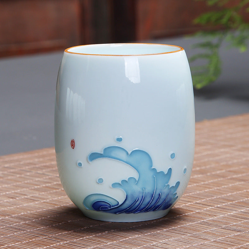Buddha Stones、鯉、蓮、風景、タンポポ、牡丹、花、陶器のティーカップ、カンフーティーカップ