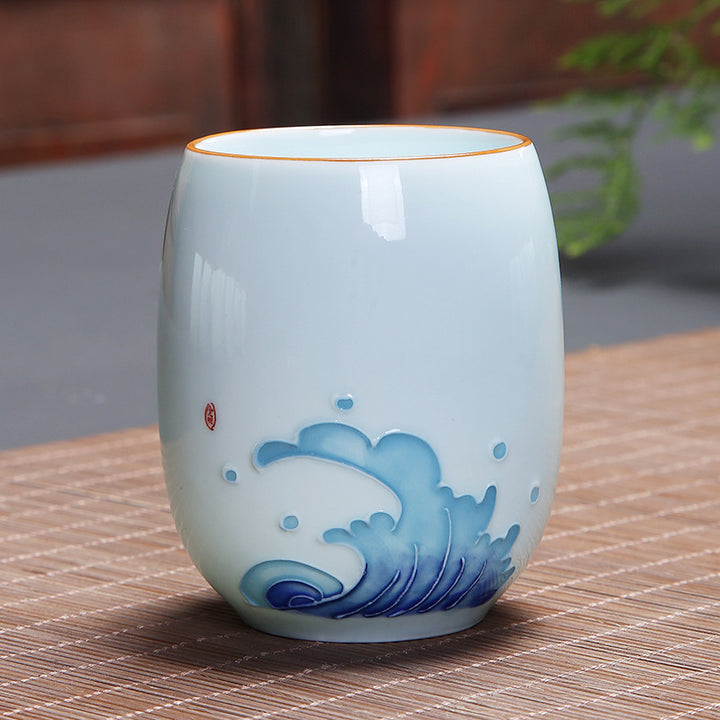 Buddha Stones、鯉、蓮、風景、タンポポ、牡丹、花、陶器のティーカップ、カンフーティーカップ
