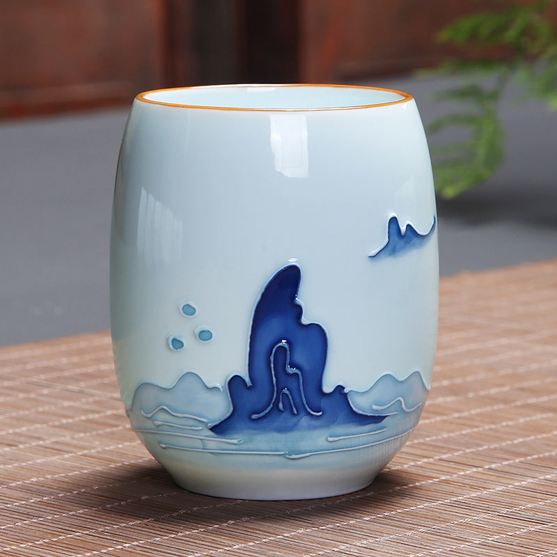 Buddha Stones、鯉、蓮、風景、タンポポ、牡丹、花、陶器のティーカップ、カンフーティーカップ