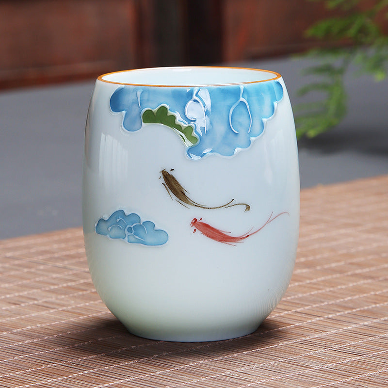 Buddha Stones、鯉、蓮、風景、タンポポ、牡丹、花、陶器のティーカップ、カンフーティーカップ