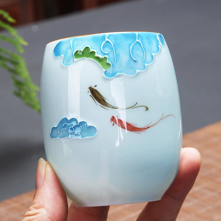 Buddha Stones、鯉、蓮、風景、タンポポ、牡丹、花、陶器のティーカップ、カンフーティーカップ