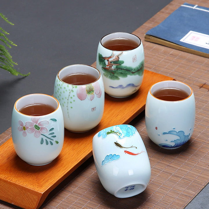Buddha Stones、鯉、蓮、風景、タンポポ、牡丹、花、陶器のティーカップ、カンフーティーカップ