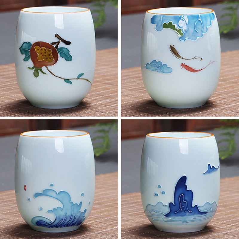 Buddha Stones、鯉、蓮、風景、タンポポ、牡丹、花、陶器のティーカップ、カンフーティーカップ
