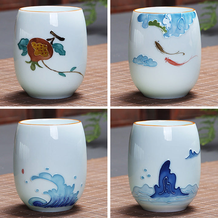Buddha Stones、鯉、蓮、風景、タンポポ、牡丹、花、陶器のティーカップ、カンフーティーカップ