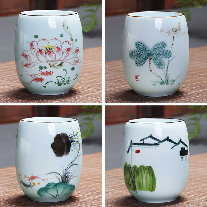 Buddha Stones、鯉、蓮、風景、タンポポ、牡丹、花、陶器のティーカップ、カンフーティーカップ
