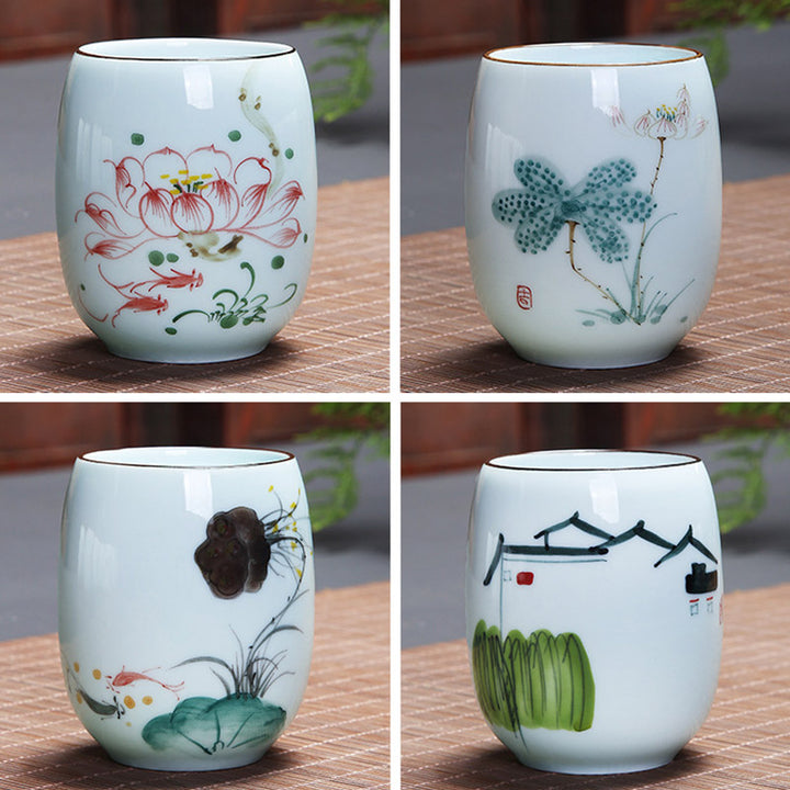 Buddha Stones、鯉、蓮、風景、タンポポ、牡丹、花、陶器のティーカップ、カンフーティーカップ