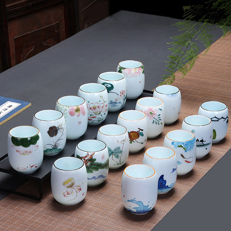 Buddha Stones、鯉、蓮、風景、タンポポ、牡丹、花、陶器のティーカップ、カンフーティーカップ