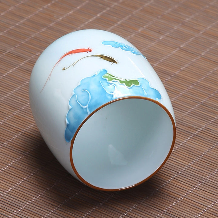 Buddha Stones、鯉、蓮、風景、タンポポ、牡丹、花、陶器のティーカップ、カンフーティーカップ