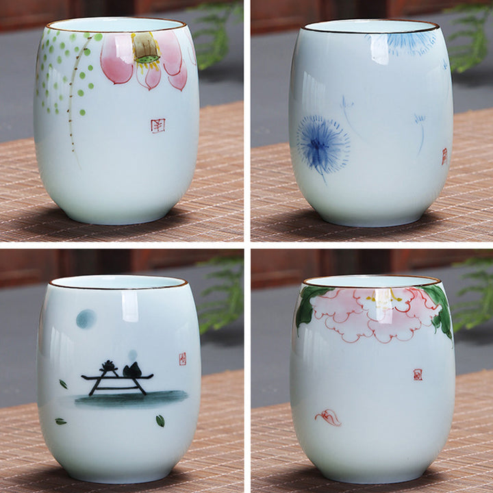 Buddha Stones、鯉、蓮、風景、タンポポ、牡丹、花、陶器のティーカップ、カンフーティーカップ
