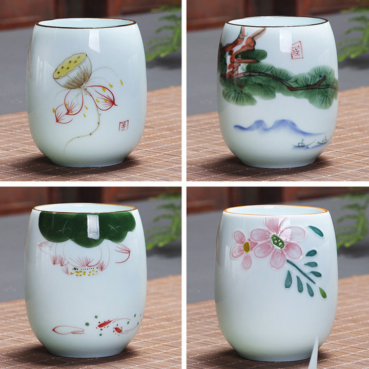 Buddha Stones、鯉、蓮、風景、タンポポ、牡丹、花、陶器のティーカップ、カンフーティーカップ