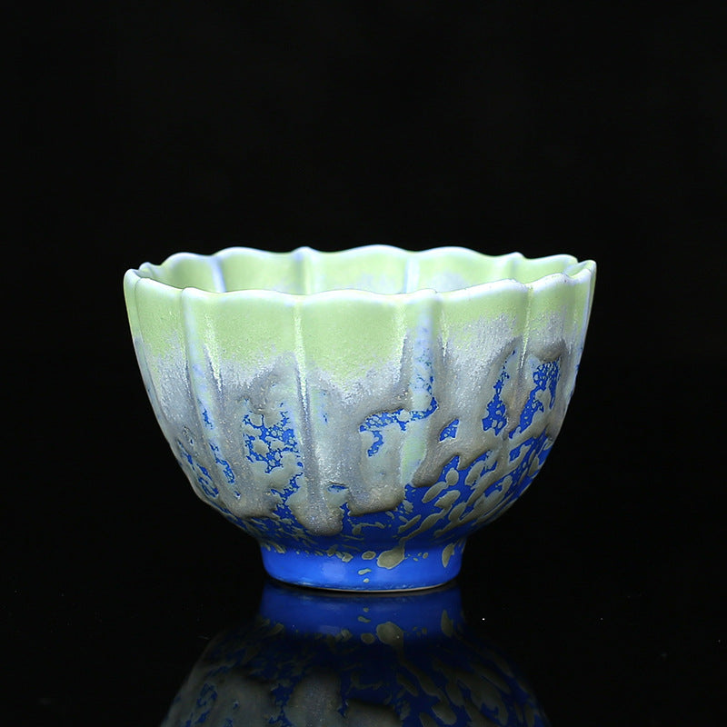 Buddha Stonesレトロ ブルー レッド グラデーション 蓮柄 窯変 陶器 ティーカップ カンフー ティーカップ ボウル