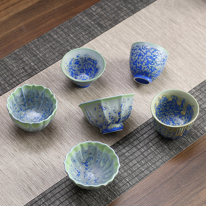 Buddha Stonesレトロ ブルー レッド グラデーション 蓮柄 窯変 陶器 ティーカップ カンフー ティーカップ ボウル