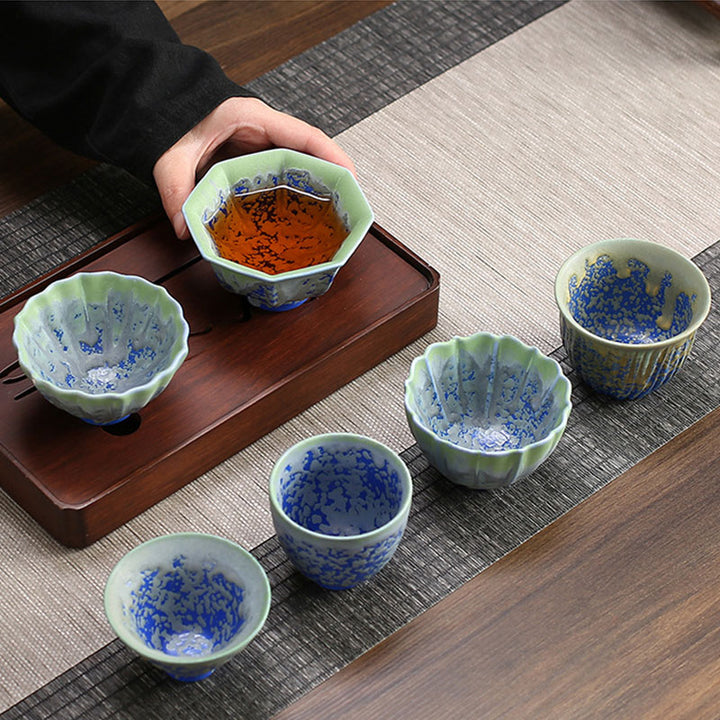 Buddha Stonesレトロ ブルー レッド グラデーション 蓮柄 窯変 陶器 ティーカップ カンフー ティーカップ ボウル