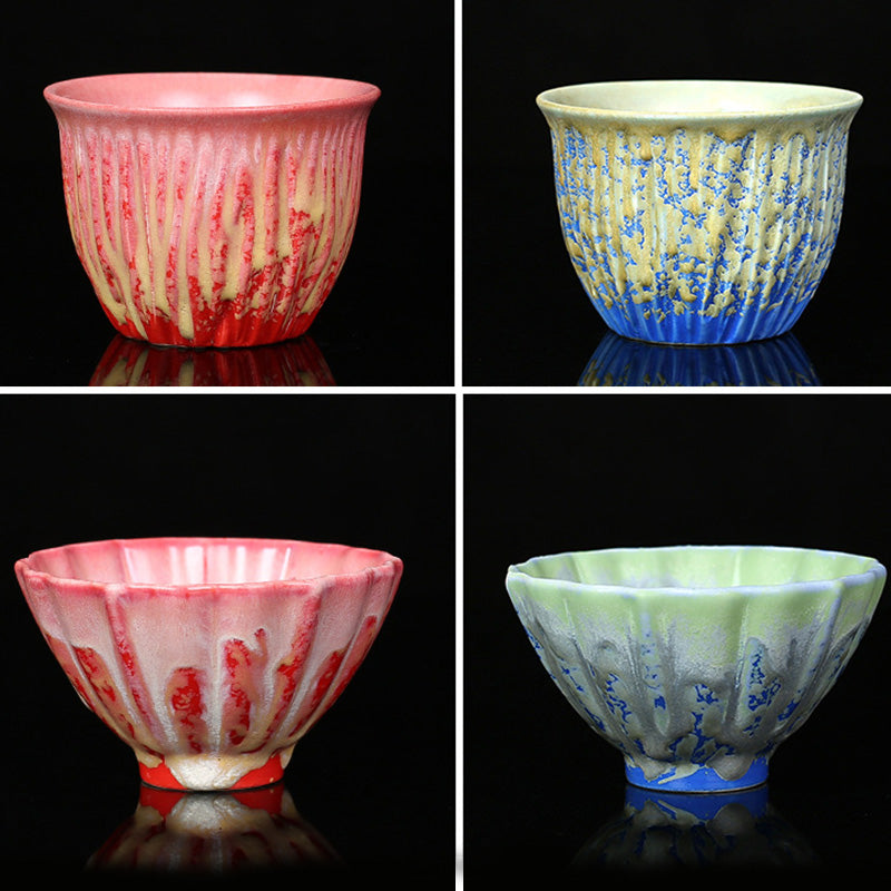 Buddha Stonesレトロ ブルー レッド グラデーション 蓮柄 窯変 陶器 ティーカップ カンフー ティーカップ ボウル