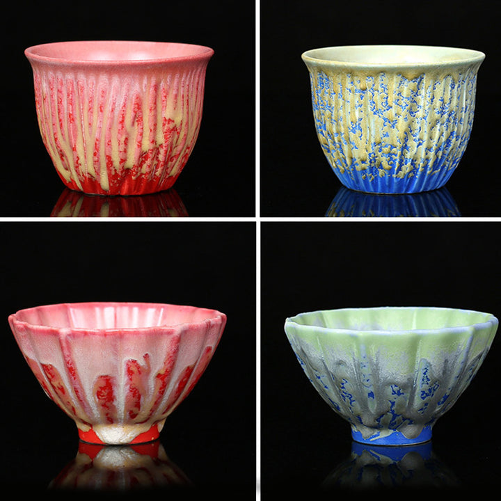 Buddha Stonesレトロ ブルー レッド グラデーション 蓮柄 窯変 陶器 ティーカップ カンフー ティーカップ ボウル