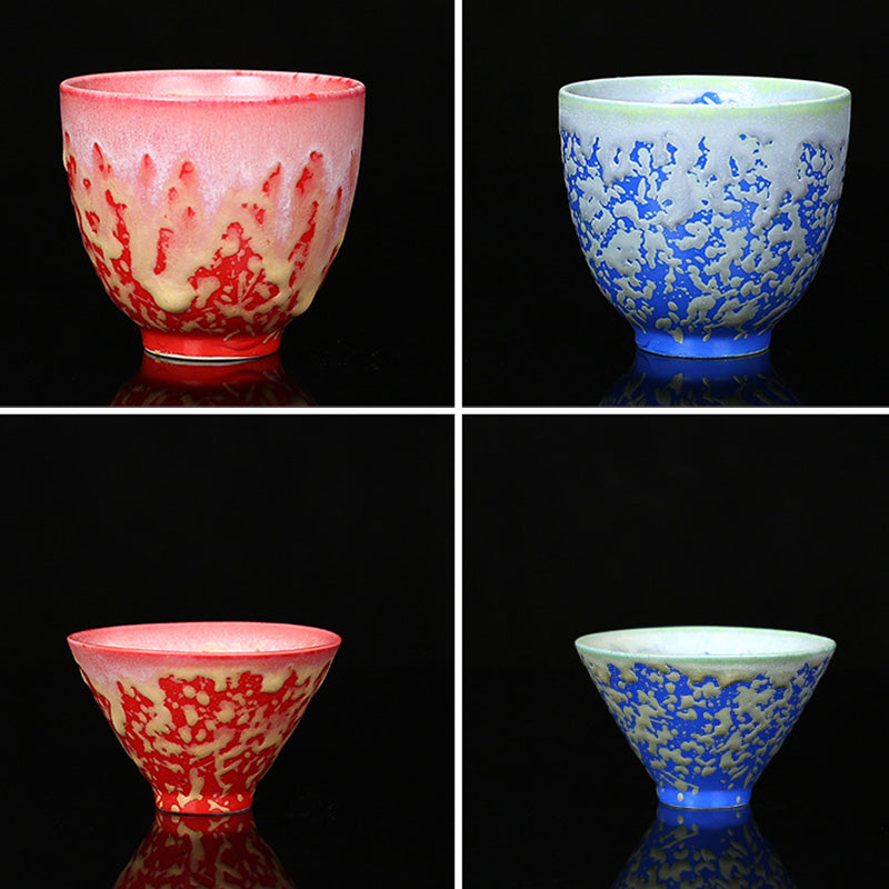 Buddha Stonesレトロ ブルー レッド グラデーション 蓮柄 窯変 陶器 ティーカップ カンフー ティーカップ ボウル