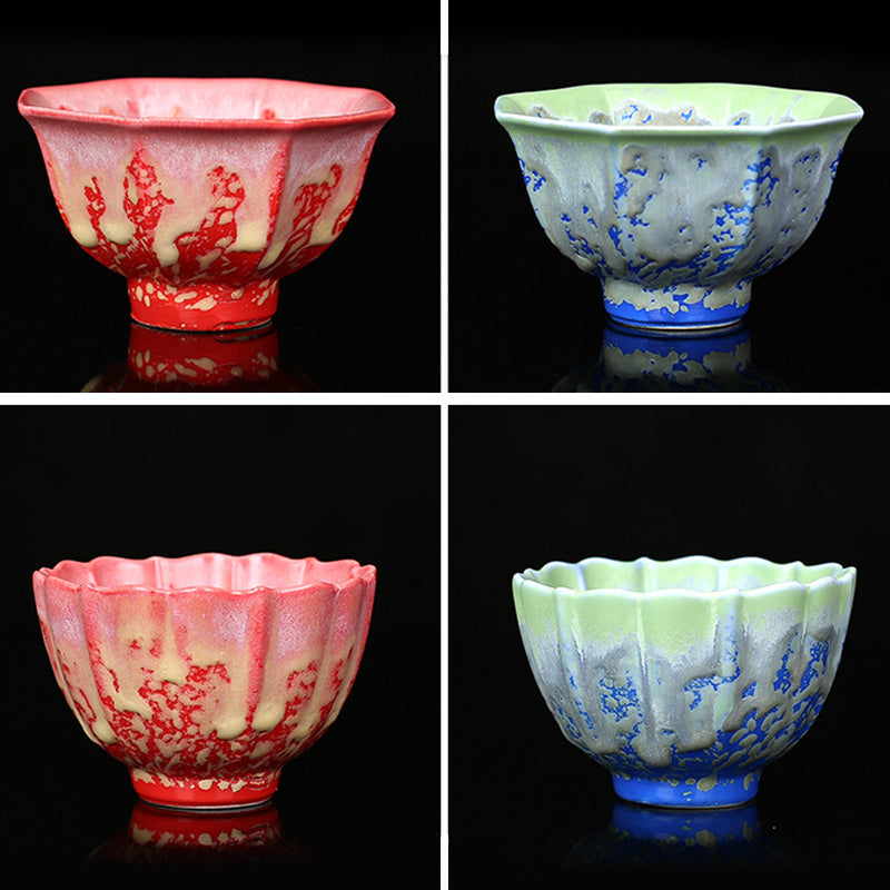 Buddha Stonesレトロ ブルー レッド グラデーション 蓮柄 窯変 陶器 ティーカップ カンフー ティーカップ ボウル