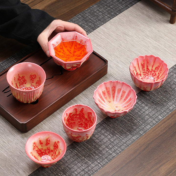 Buddha Stonesレトロ ブルー レッド グラデーション 蓮柄 窯変 陶器 ティーカップ カンフー ティーカップ ボウル