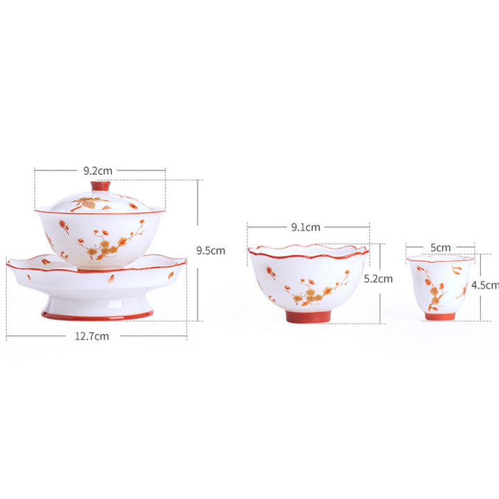 Buddha Stones、白磁の花、陶器、蓋付き蓋碗三彩ティーカップ、カンフーティーカップ＆ソーサー