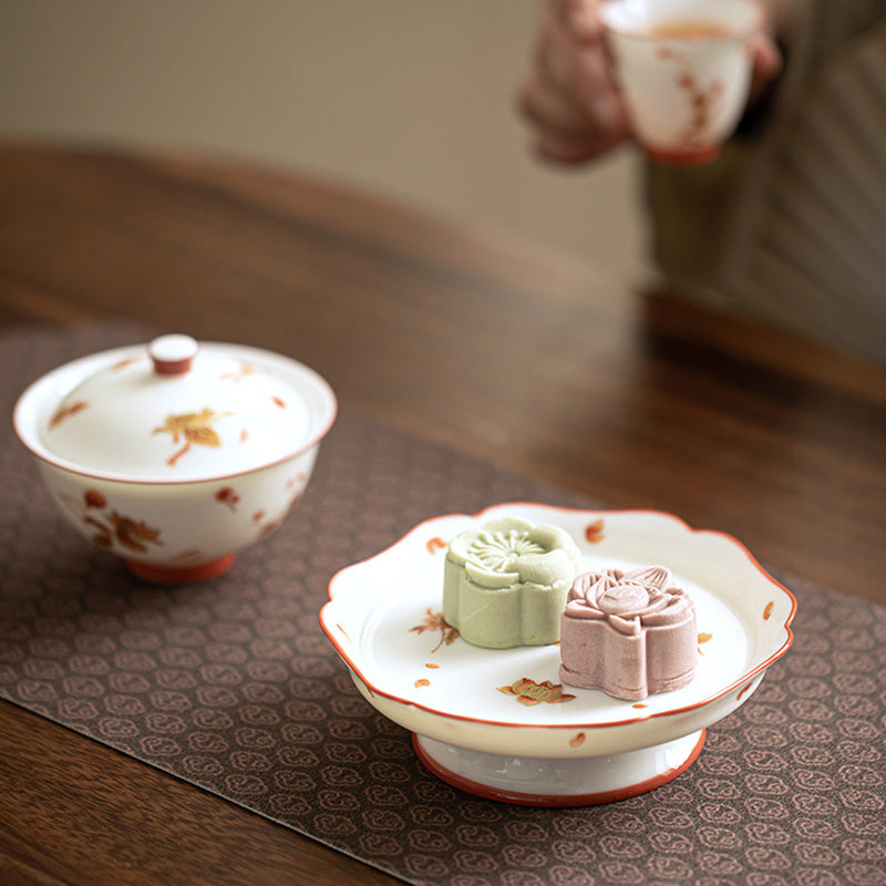 Buddha Stones、白磁の花、陶器、蓋付き蓋碗三彩ティーカップ、カンフーティーカップ＆ソーサー