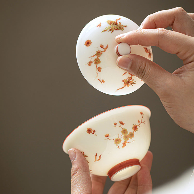 Buddha Stones、白磁の花、陶器、蓋付き蓋碗三彩ティーカップ、カンフーティーカップ＆ソーサー