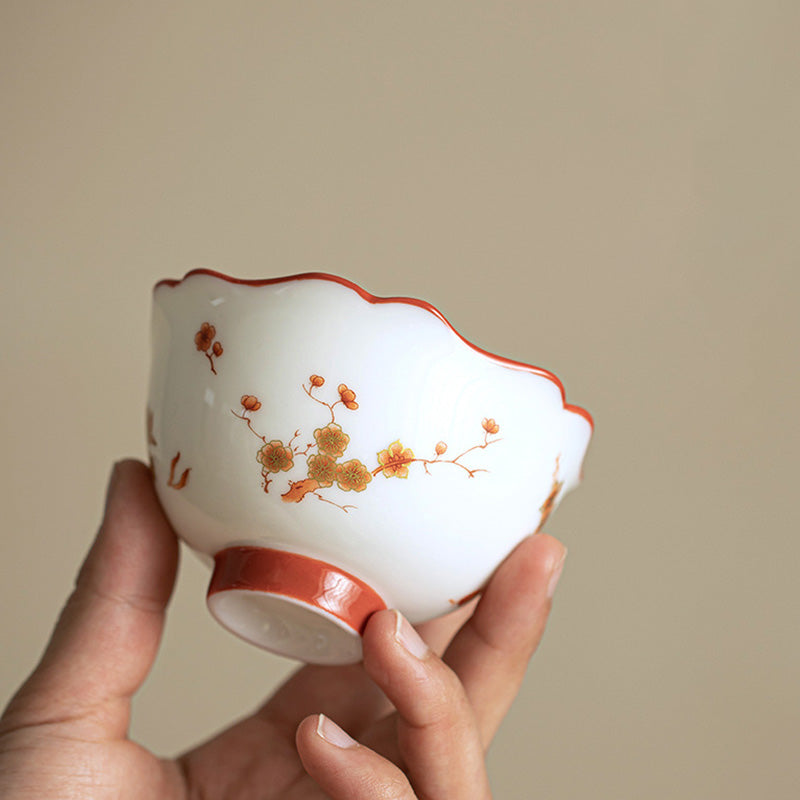 Buddha Stones、白磁の花、陶器、蓋付き蓋碗三彩ティーカップ、カンフーティーカップ＆ソーサー