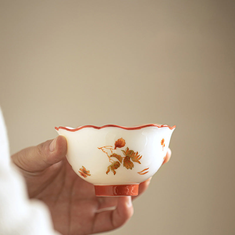 Buddha Stones、白磁の花、陶器、蓋付き蓋碗三彩ティーカップ、カンフーティーカップ＆ソーサー