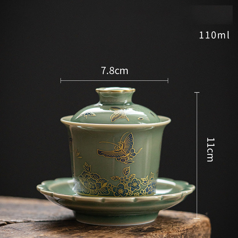 Buddha Stones緑磁器 蝶 花 サーモン 魚 陶器 蓋碗 三彩 ティーカップ カンフー ティーカップ ソーサー 蓋付き