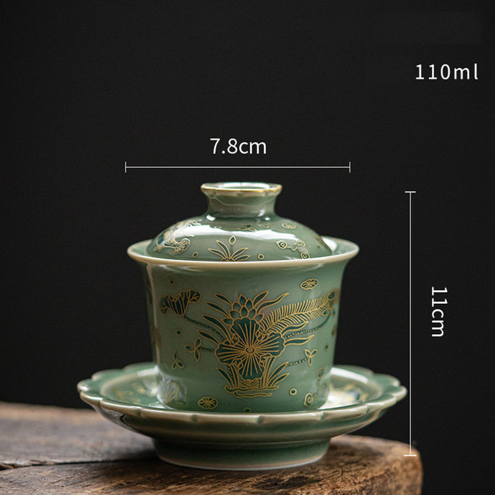 Buddha Stones緑磁器 蝶 花 サーモン 魚 陶器 蓋碗 三彩 ティーカップ カンフー ティーカップ ソーサー 蓋付き