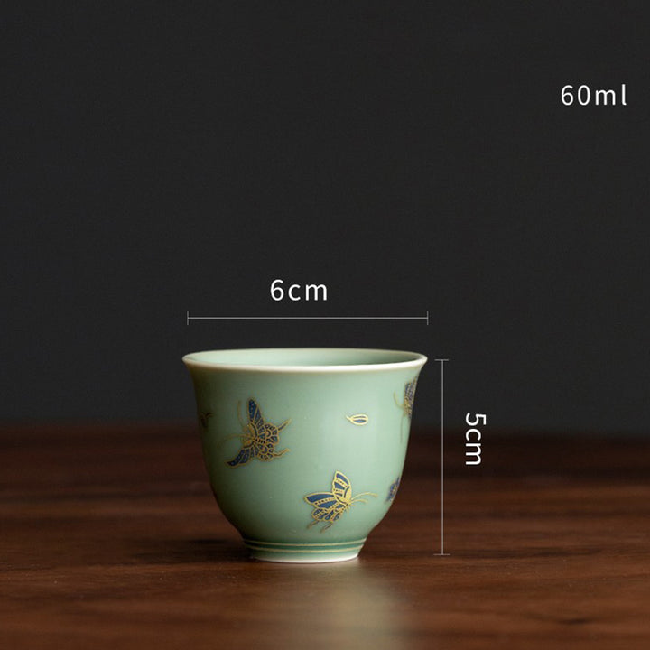 Buddha Stones緑磁器 蝶 花 サーモン 魚 陶器 蓋碗 三彩 ティーカップ カンフー ティーカップ ソーサー 蓋付き