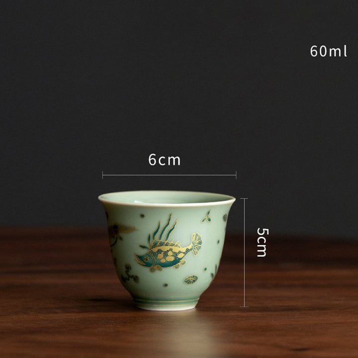 Buddha Stones緑磁器 蝶 花 サーモン 魚 陶器 蓋碗 三彩 ティーカップ カンフー ティーカップ ソーサー 蓋付き