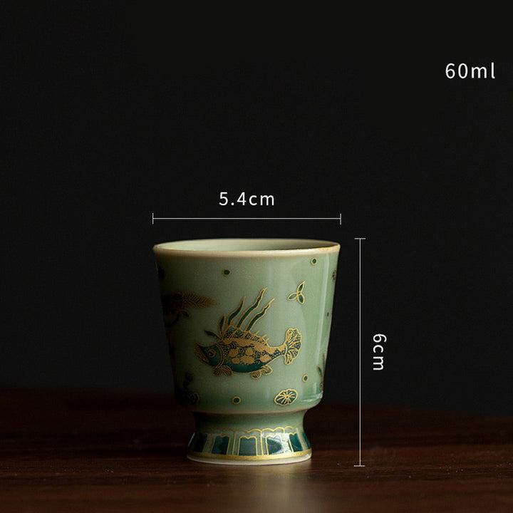 Buddha Stones緑磁器 蝶 花 サーモン 魚 陶器 蓋碗 三彩 ティーカップ カンフー ティーカップ ソーサー 蓋付き