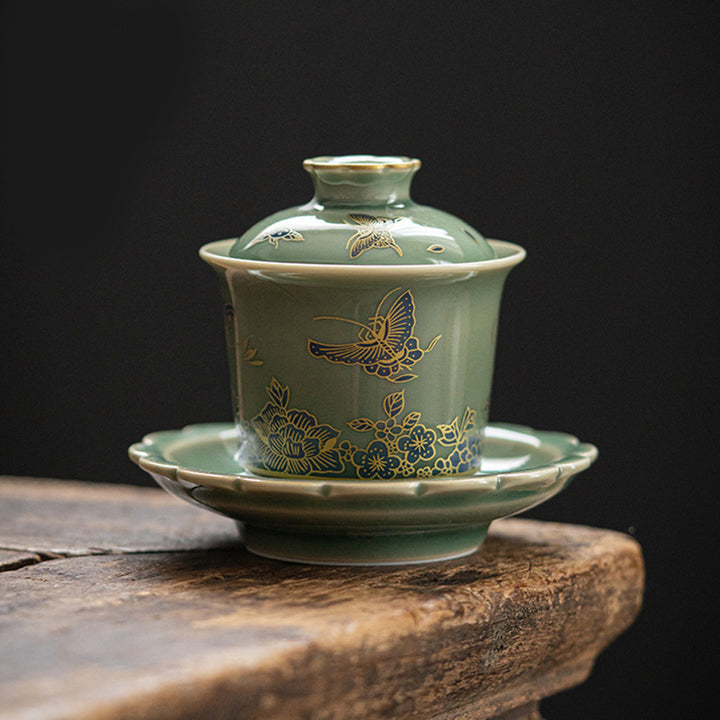Buddha Stones緑磁器 蝶 花 サーモン 魚 陶器 蓋碗 三彩 ティーカップ カンフー ティーカップ ソーサー 蓋付き