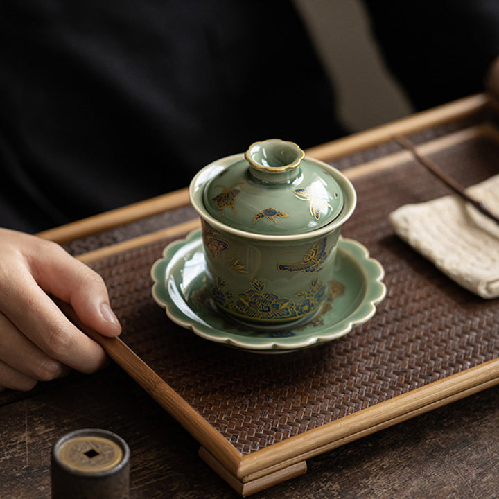 Buddha Stones緑磁器 蝶 花 サーモン 魚 陶器 蓋碗 三彩 ティーカップ カンフー ティーカップ ソーサー 蓋付き