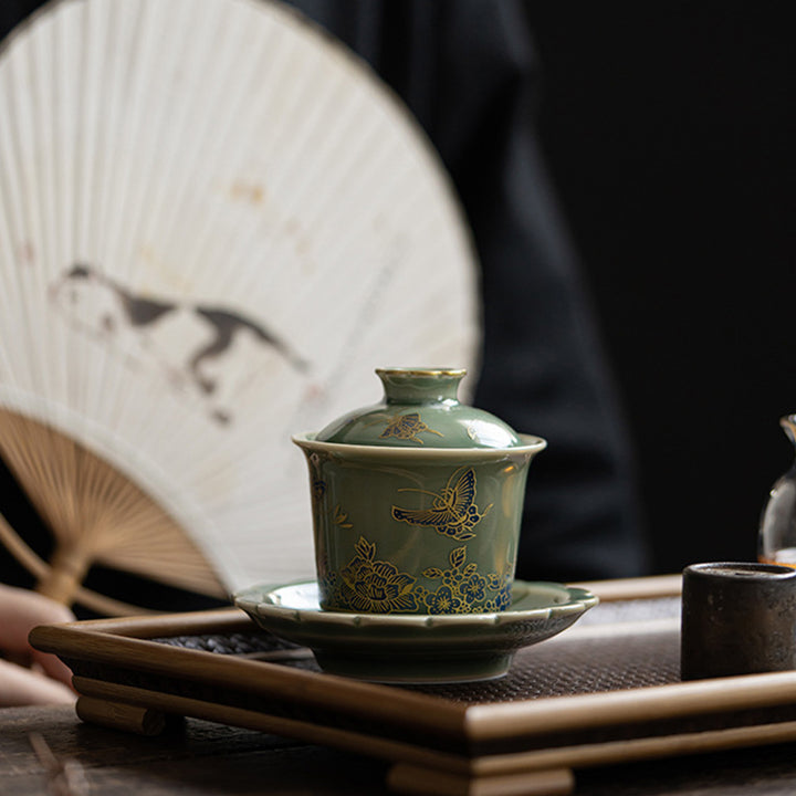 Buddha Stones緑磁器 蝶 花 サーモン 魚 陶器 蓋碗 三彩 ティーカップ カンフー ティーカップ ソーサー 蓋付き