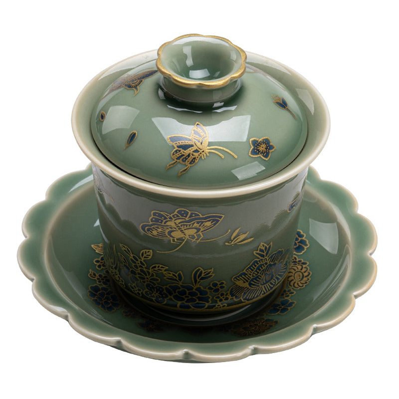 Buddha Stones緑磁器 蝶 花 サーモン 魚 陶器 蓋碗 三彩 ティーカップ カンフー ティーカップ ソーサー 蓋付き