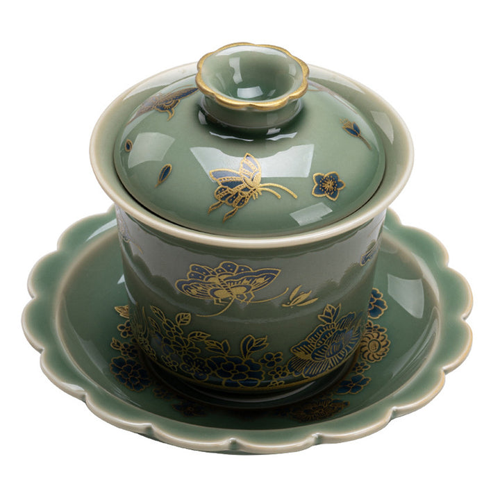 Buddha Stones緑磁器 蝶 花 サーモン 魚 陶器 蓋碗 三彩 ティーカップ カンフー ティーカップ ソーサー 蓋付き