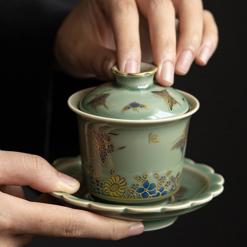 Buddha Stones緑磁器 蝶 花 サーモン 魚 陶器 蓋碗 三彩 ティーカップ カンフー ティーカップ ソーサー 蓋付き