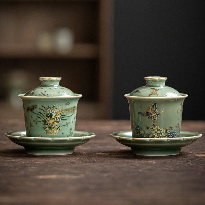 Buddha Stones緑磁器 蝶 花 サーモン 魚 陶器 蓋碗 三彩 ティーカップ カンフー ティーカップ ソーサー 蓋付き
