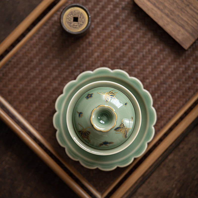 Buddha Stones緑磁器 蝶 花 サーモン 魚 陶器 蓋碗 三彩 ティーカップ カンフー ティーカップ ソーサー 蓋付き