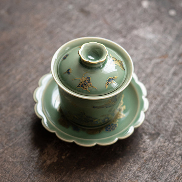 Buddha Stones緑磁器 蝶 花 サーモン 魚 陶器 蓋碗 三彩 ティーカップ カンフー ティーカップ ソーサー 蓋付き