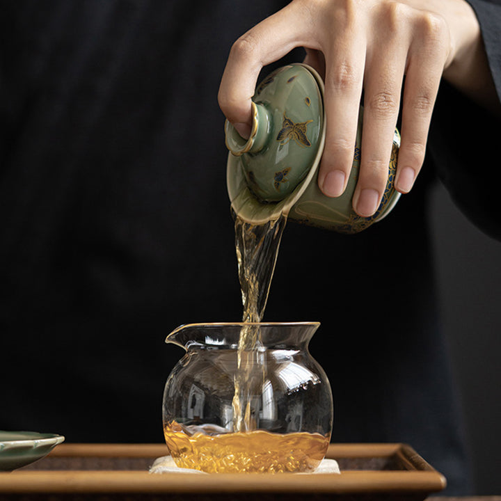 Buddha Stones緑磁器 蝶 花 サーモン 魚 陶器 蓋碗 三彩 ティーカップ カンフー ティーカップ ソーサー 蓋付き