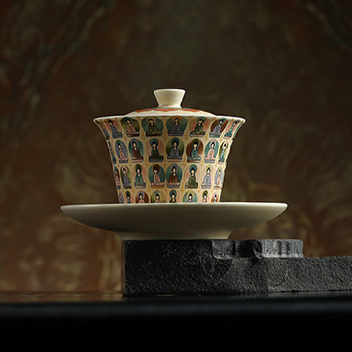 Buddha Stones敦煌色千仏飛天沙文様蓋碗 カンフー茶碗 蓋付き