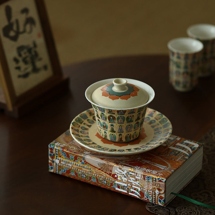 Buddha Stones敦煌色千仏飛天沙文様蓋碗 カンフー茶碗 蓋付き