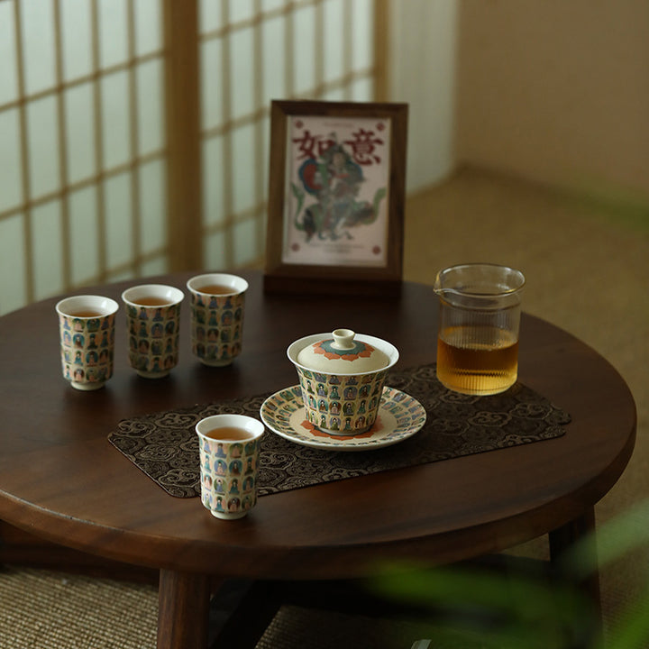 Buddha Stones敦煌色千仏飛天沙文様蓋碗 カンフー茶碗 蓋付き